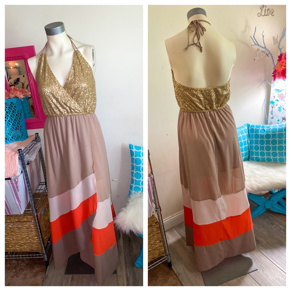 Marineblu Gold sequin Halter Maxi Wrap Dress Sz M